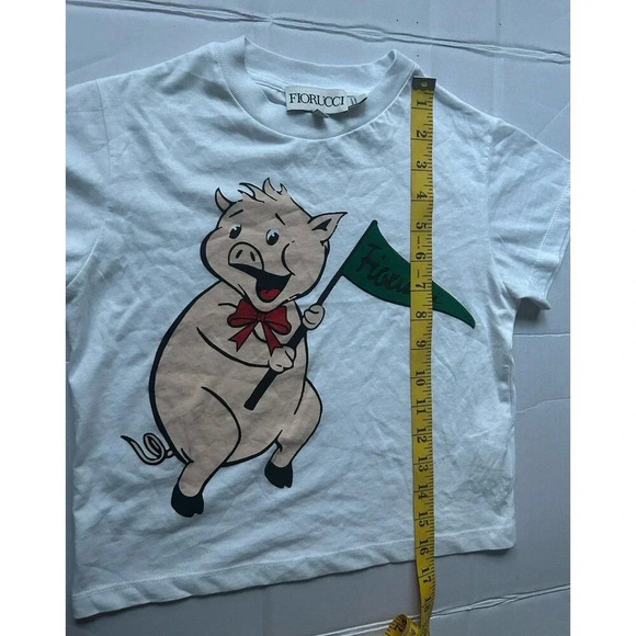 Fiorucci 100% Organic Cotton Crop Tee Shirt White Sz XS Piggy Pig Holding a flag - Picture 7 of 7